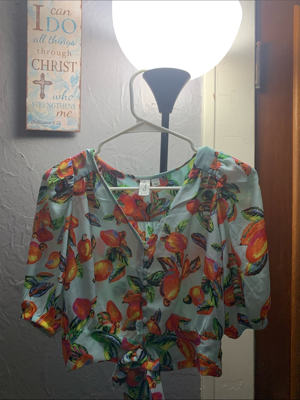 Joie Fruit-Print Tie-Front Crop Top in Aqua and Orange